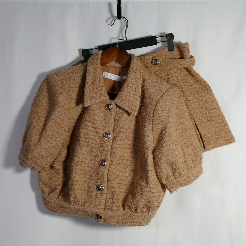 ASTR The Label Womens Bronwyn Tweed Skort Jacket Set Size L M Camel Brown Preppy